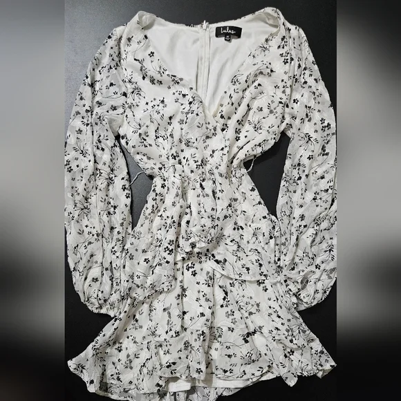 Lulu's White Floral Wrap Mini Dress with Long Bishop Sleeves - Picture 3 of 9